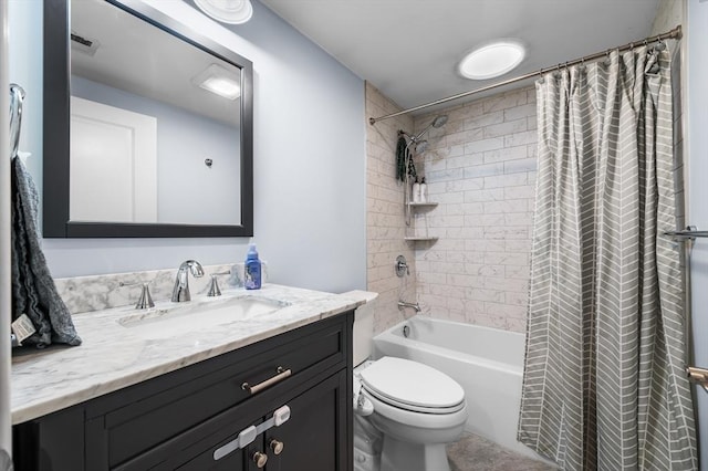 full bath with toilet, shower / tub combo, vanity, and visible vents