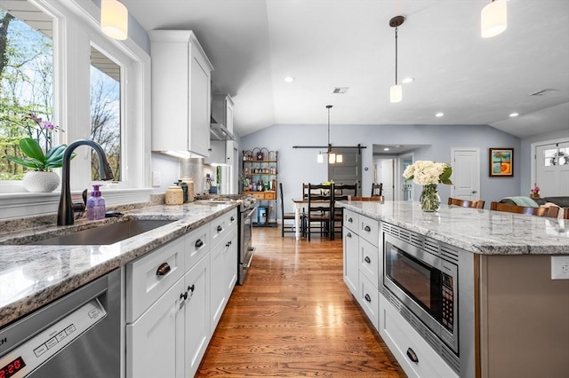 kitchen featuring a sink, stainless steel appliances, lofted ceiling, and a wealth of natural light