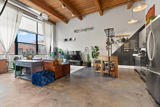 living room with beamed ceiling and wood ceiling