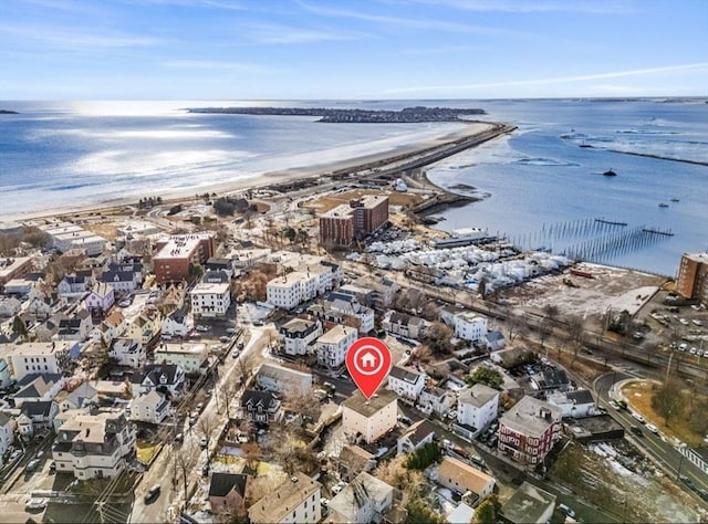 drone / aerial view with a water view