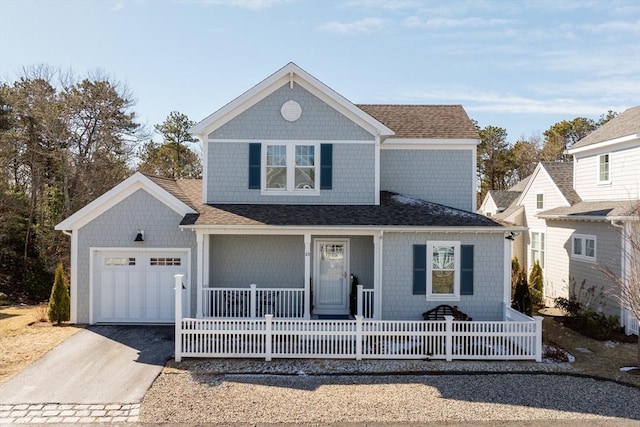 shingle-style home with a garage, driveway, a shingled roof, a fenced front yard, and a porch