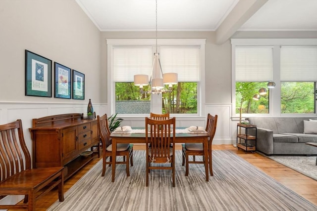 dining space with wood finished floors, a chandelier, wainscoting, plenty of natural light, and crown molding