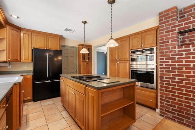 kitchen featuring a kitchen island, visible vents, open shelves, black appliances, and light tile patterned flooring