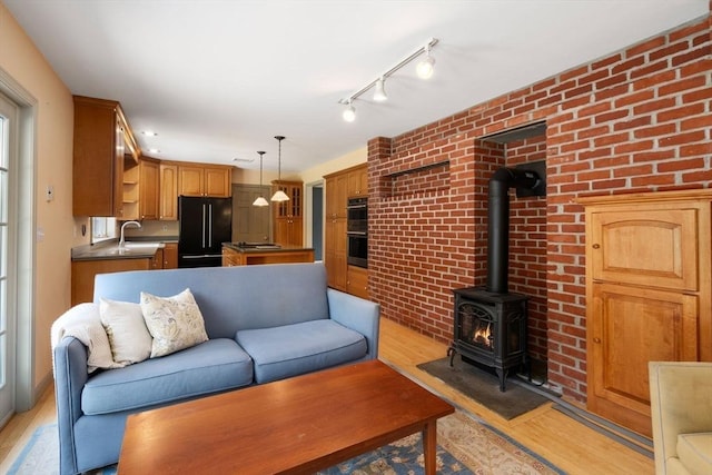 living area featuring a wood stove and light wood-style floors