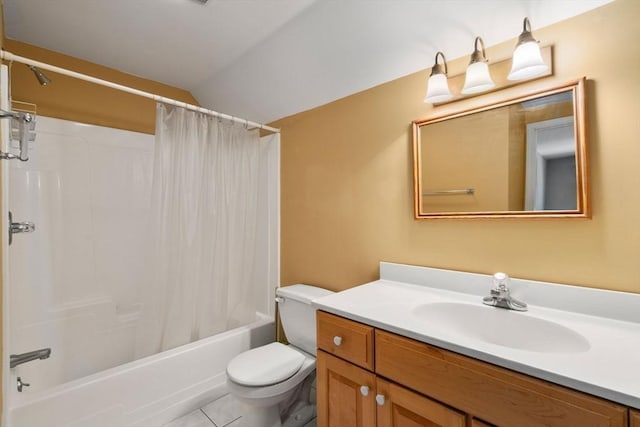 bathroom with shower / bath combination with curtain, tile patterned flooring, vanity, toilet, and lofted ceiling