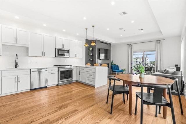 239 Lexington St Unit 2, Boston, MA 02128 - kitchen featuring stainless steel appliances, a tray ceiling, recessed lighting, light wood-type flooring, and light countertops