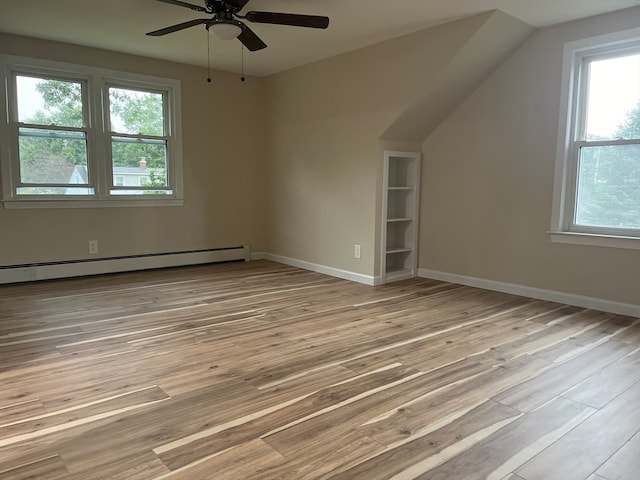 bonus room featuring vaulted ceiling, a baseboard radiator, ceiling fan, and light hardwood / wood-style floors