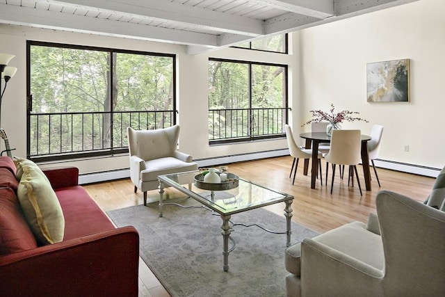 993 Massachusetts Ave Unit 127, Arlington, MA 02476 - living room with a baseboard heating unit, wood finished floors, and wood ceiling with exposed beams