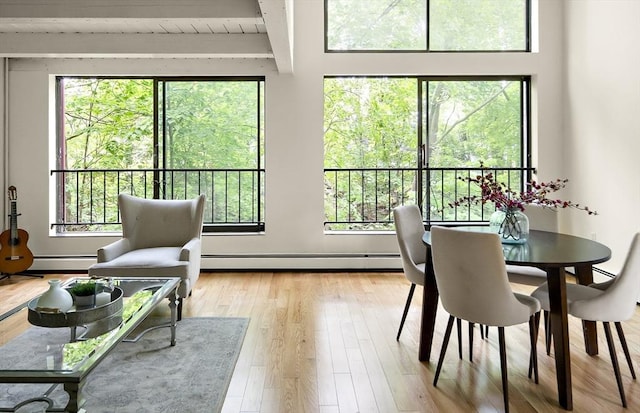 993 Massachusetts Ave Unit 127, Arlington, MA 02476 - dining room featuring healthy amount of natural light, a baseboard heating unit, beam ceiling, and wood finished floors