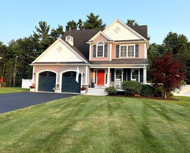 traditional-style house with an attached garage, covered porch, driveway, and a front yard