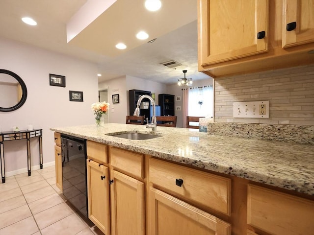 234 Water St Unit 101, Wakefield, MA 01880 - kitchen featuring black dishwasher, light brown cabinets, light tile patterned flooring, light stone counters, and recessed lighting