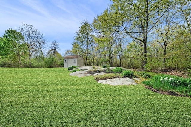 view of grassy yard featuring a storage shed and an outbuilding