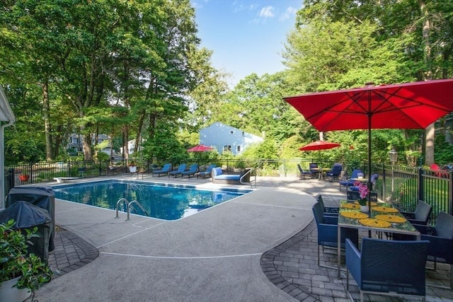 view of swimming pool with a diving board and a patio area