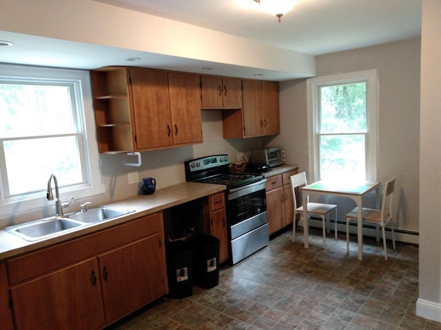 kitchen with sink, a baseboard radiator, and stainless steel range with electric stovetop