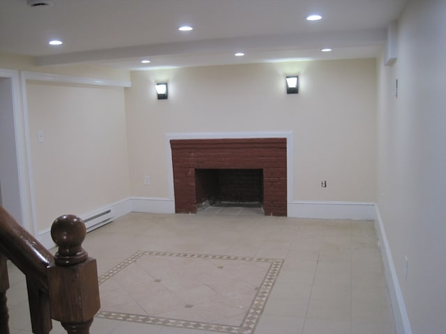 living room featuring a brick fireplace, a baseboard heating unit, and light tile patterned flooring