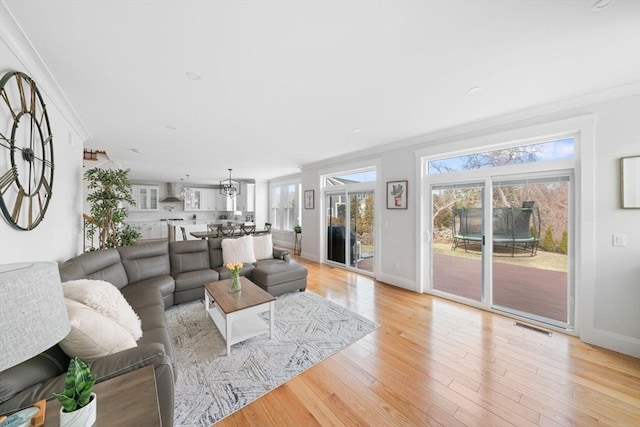 living room with crown molding, a healthy amount of sunlight, and light hardwood / wood-style flooring