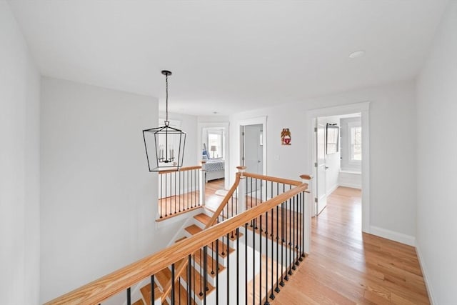 corridor featuring an inviting chandelier and light hardwood / wood-style floors