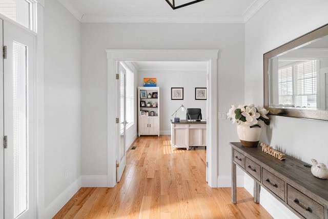 hallway featuring crown molding and wood-type flooring