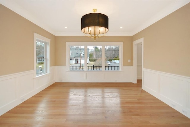 empty room featuring a wealth of natural light, light wood-type flooring, and wainscoting