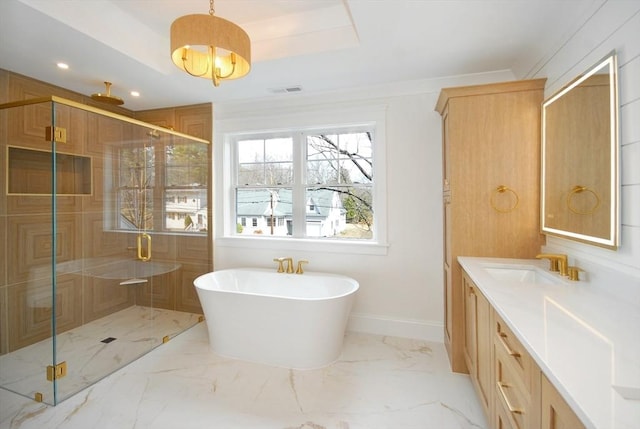 full bathroom with a soaking tub, recessed lighting, a stall shower, and vanity