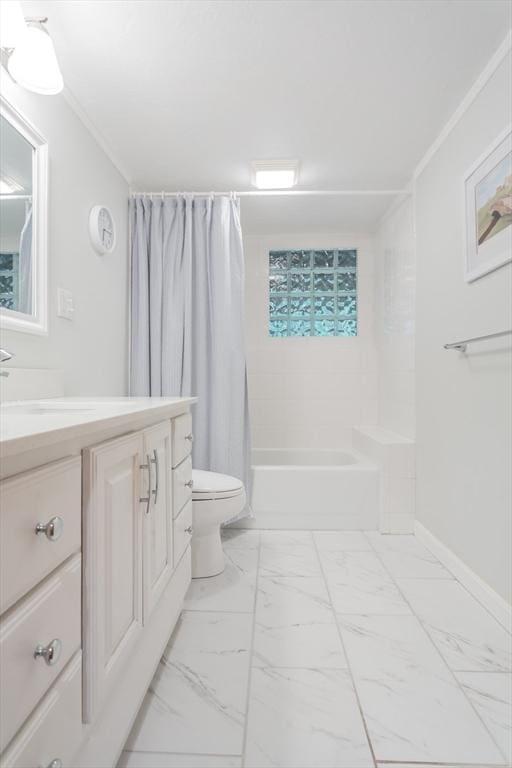 57 Mark Dr, Raynham, MA 02767 - bathroom with vanity, toilet, marble finish floors, and shower / bath combination with curtain