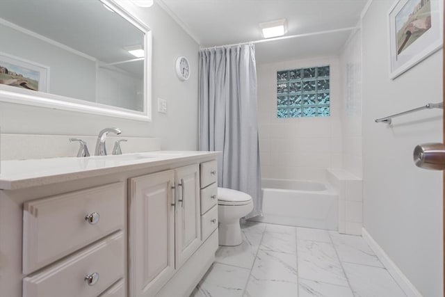 57 Mark Dr, Raynham, MA 02767 - full bath featuring toilet, vanity, shower / tub combo with curtain, marble look tiles, and baseboards