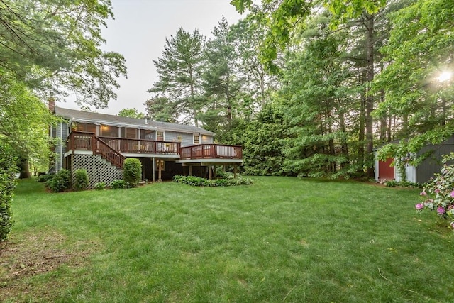 57 Mark Dr, Raynham, MA 02767 - view of grassy yard with a deck, stairway, and a sunroom
