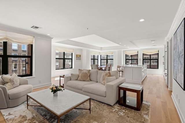 300 Boylston St Unit 907, Boston, MA 02116 - living area with visible vents, light wood finished floors, a tray ceiling, and a wealth of natural light