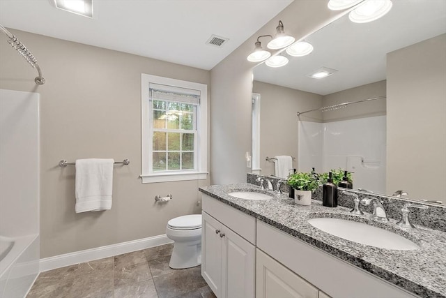 57 Houghton Farm Ln, Bolton, MA 01740 - full bath featuring baseboards, toilet, double vanity, and bathing tub / shower combination