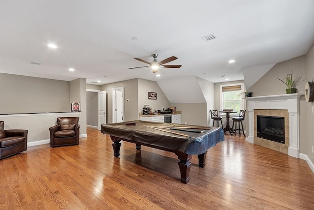 57 Houghton Farm Ln, Bolton, MA 01740 - rec room with light wood finished floors, a ceiling fan, billiards table, recessed lighting, and a tiled fireplace