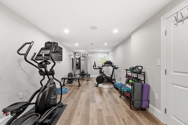 57 Houghton Farm Ln, Bolton, MA 01740 - exercise room featuring light wood-type flooring, recessed lighting, and baseboards