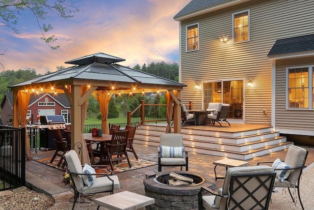 57 Houghton Farm Ln, Bolton, MA 01740 - view of patio / terrace with a fire pit, a gazebo, a grill, and outdoor dining area
