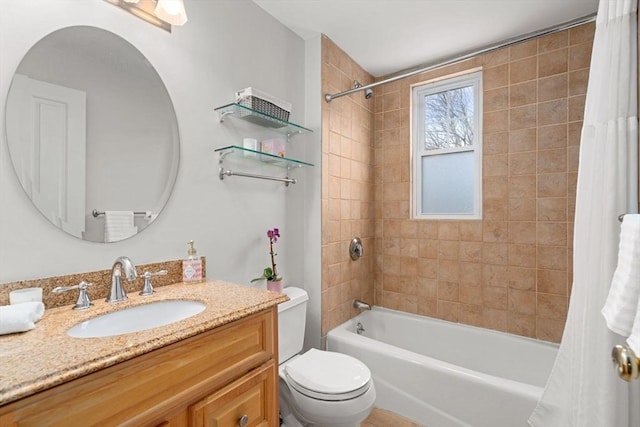 bathroom with vanity, shower / bath combination with curtain, and toilet