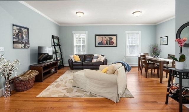 living area with light wood-style floors, crown molding, and baseboard heating
