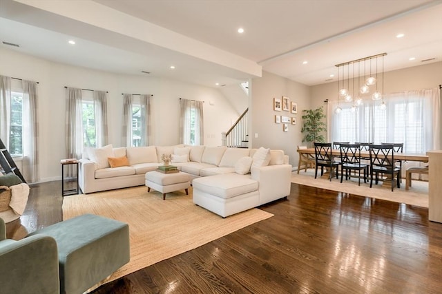 10 Wakefield Ave Unit A, Wakefield, MA 01880 - living room with stairs, dark wood-style floors, and recessed lighting