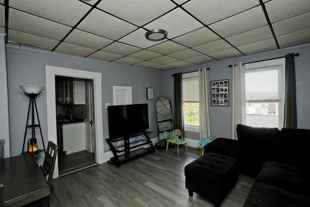 4 Columbia St, Holyoke, MA 01040 - living area with a paneled ceiling, baseboards, and wood finished floors