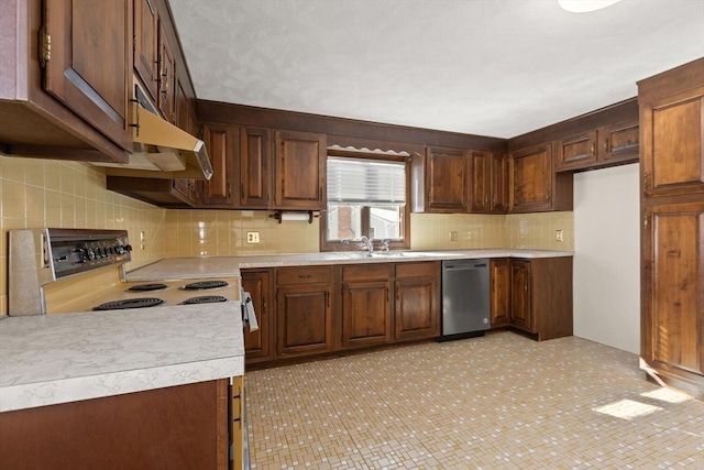 11 Ocean View Dr, Gloucester, MA 01930 - kitchen featuring stainless steel dishwasher, light countertops, electric range oven, tasteful backsplash, and under cabinet range hood