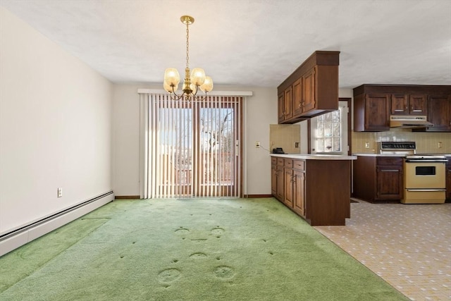 11 Ocean View Dr, Gloucester, MA 01930 - kitchen featuring electric range oven, under cabinet range hood, light colored carpet, baseboard heating, and a chandelier