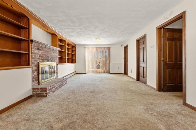 11 Ocean View Dr, Gloucester, MA 01930 - unfurnished living room featuring a baseboard heating unit, carpet, a textured ceiling, a brick fireplace, and baseboards