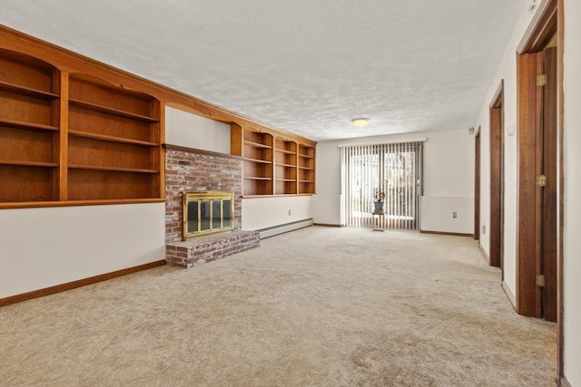 11 Ocean View Dr, Gloucester, MA 01930 - unfurnished living room with a baseboard heating unit, carpet floors, baseboards, a textured ceiling, and a fireplace