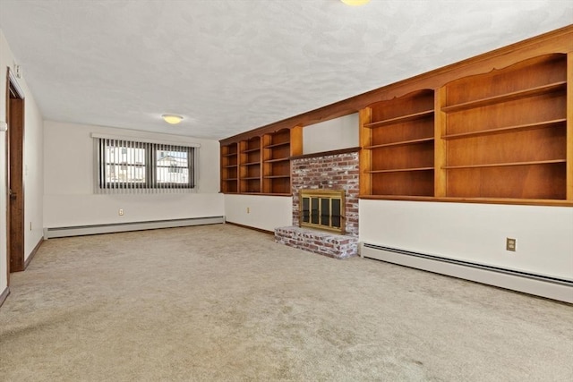 11 Ocean View Dr, Gloucester, MA 01930 - unfurnished living room featuring a baseboard radiator, carpet, and a fireplace