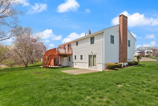 11 Ocean View Dr, Gloucester, MA 01930 - rear view of property with a wooden deck, a chimney, a lawn, a patio, and stairway