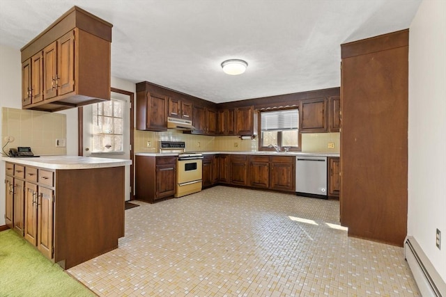 11 Ocean View Dr, Gloucester, MA 01930 - kitchen with white range with electric stovetop, dishwasher, under cabinet range hood, a baseboard radiator, and light countertops