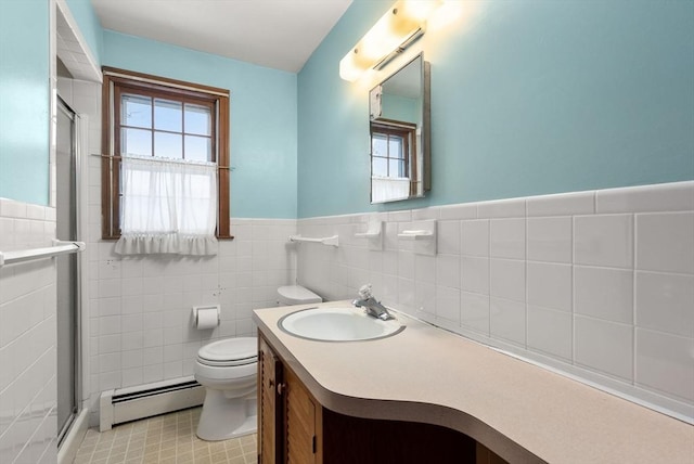 full bathroom featuring toilet, baseboard heating, tile walls, and a stall shower