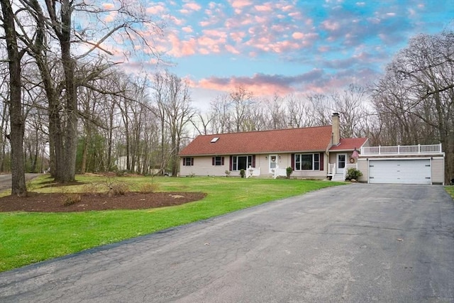 6 Sunrise, Auburn, MA 01501 - ranch-style house with a chimney, driveway, a garage, and a lawn