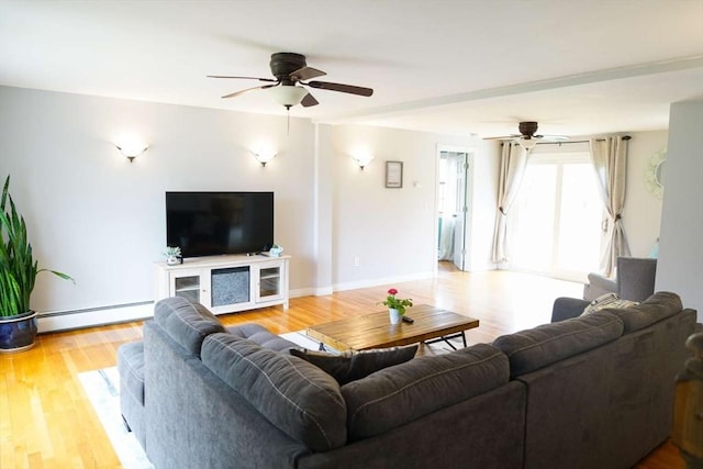 6 Sunrise, Auburn, MA 01501 - living area featuring baseboard heating, a ceiling fan, light wood finished floors, and baseboards
