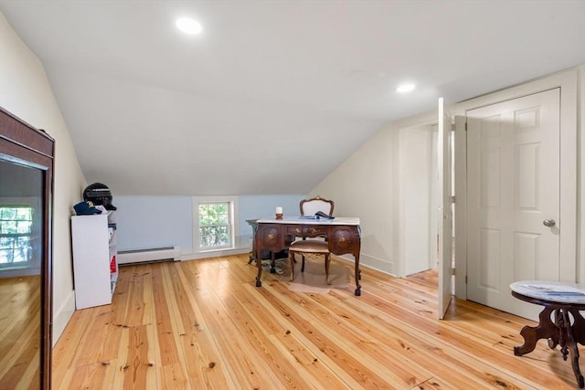 228 Main St, Groton, MA 01450 - home office with light wood-type flooring, lofted ceiling, a baseboard heating unit, and recessed lighting