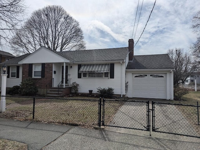 view of front of property featuring a shingled roof, a fenced front yard, a chimney, a garage, and a gate