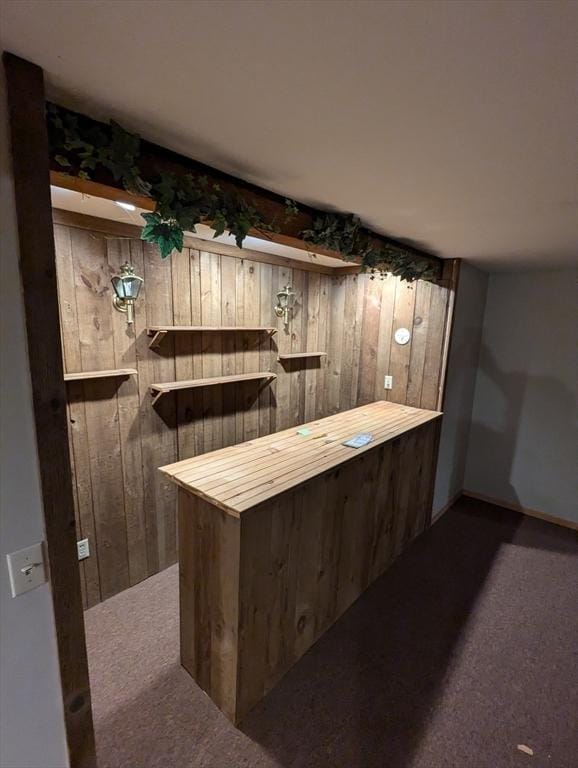 bar with wood walls and carpet floors