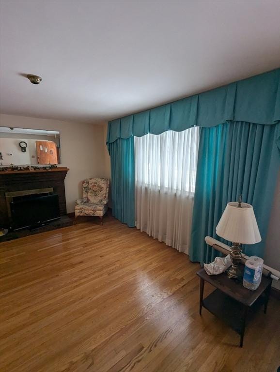 living area featuring a fireplace and wood finished floors